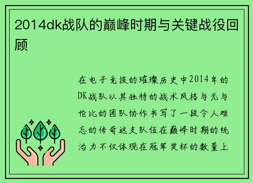 2014dk战队的巅峰时期与关键战役回顾