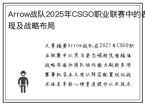 Arrow战队2025年CSGO职业联赛中的表现及战略布局