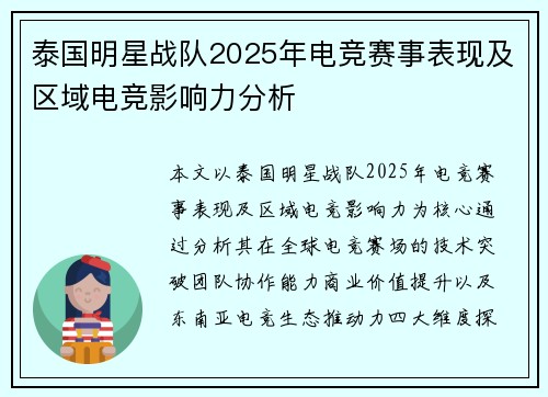 泰国明星战队2025年电竞赛事表现及区域电竞影响力分析