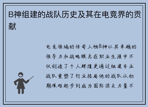 B神组建的战队历史及其在电竞界的贡献